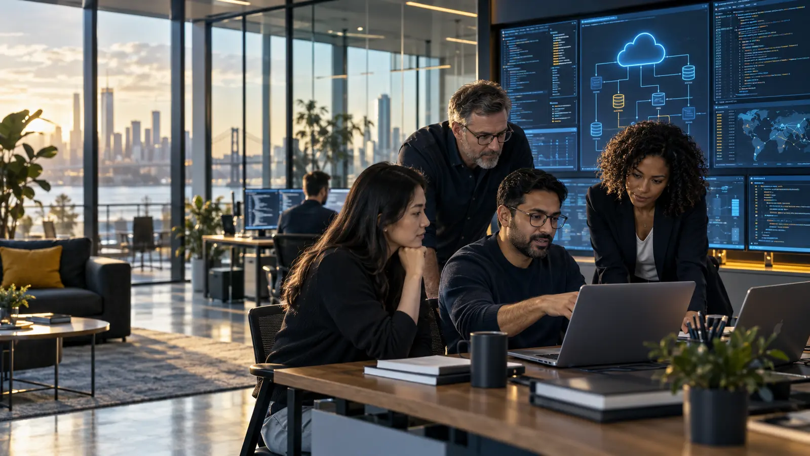Software engineers collaborating on cloud technology